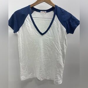 Goldie White V-Neck baby Tee with Navy Raglan Sleeves